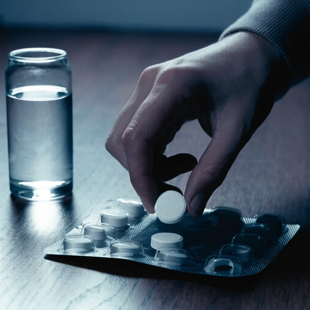 Blister strip of tablets and a glass of water on a bright window sill
