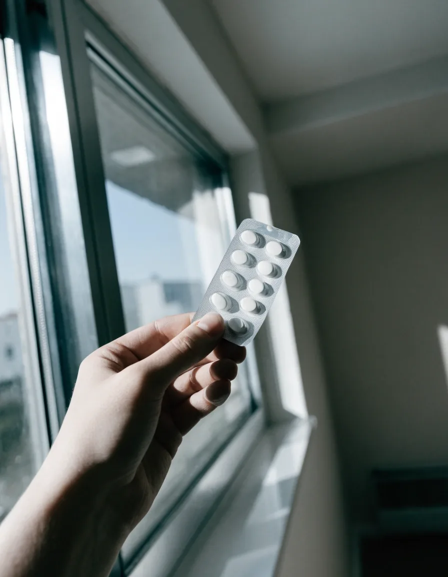 Blister z tabletkami trzymany pod chłodnym światłem z okna